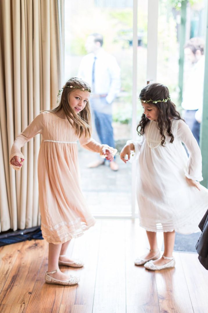 Peach and white linen smock junior bridesmaid dress