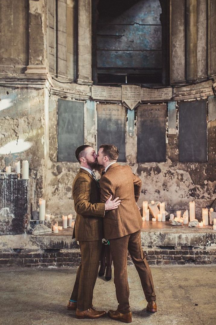 Gay wedding with grooms in tweed suits