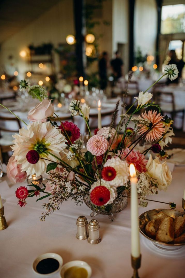 Pompom Dahlia flower centrepiece and candles