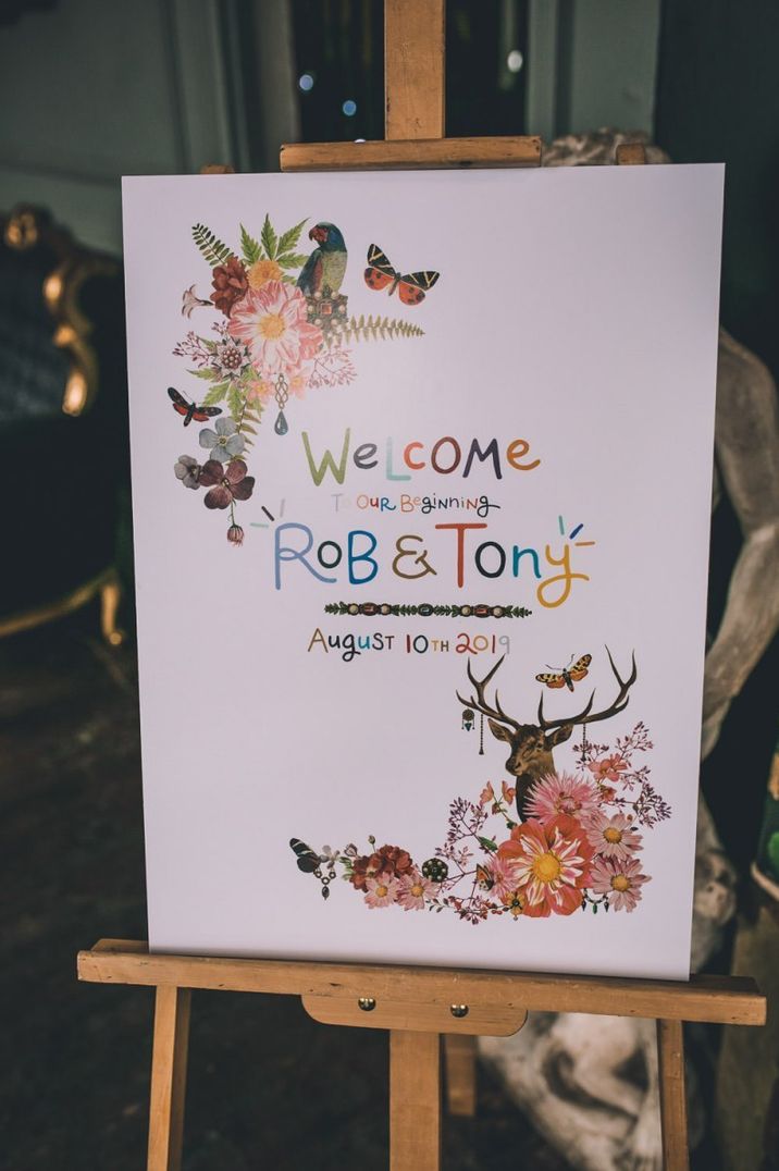 Colourful wedding welcome sign