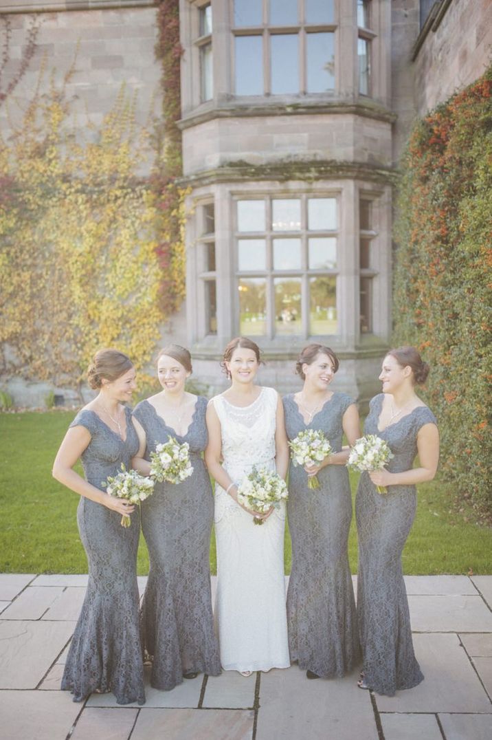 Fitted grey lace bridesmaid dresses