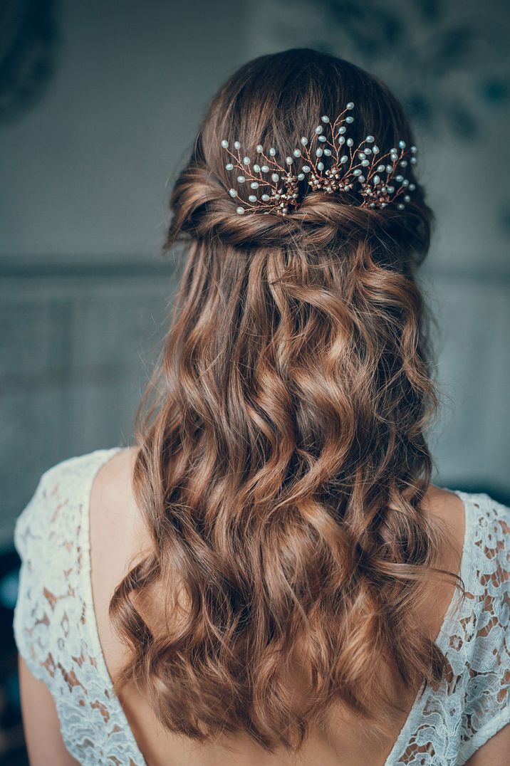 Wavy Half Up Half Down Wedding Hairstyle  by Catherine Bailey | Terry Li Photography | Afshan Shamas Hair Accessory