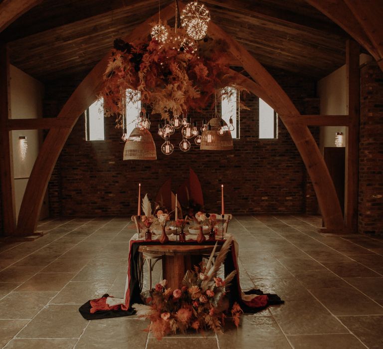 Sweetheart table at Oakwood at Ryther with Orange wedding theme 