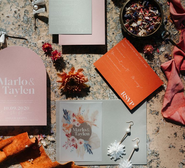 Pink and orange wedding stationery designs by Wonderland Invites 