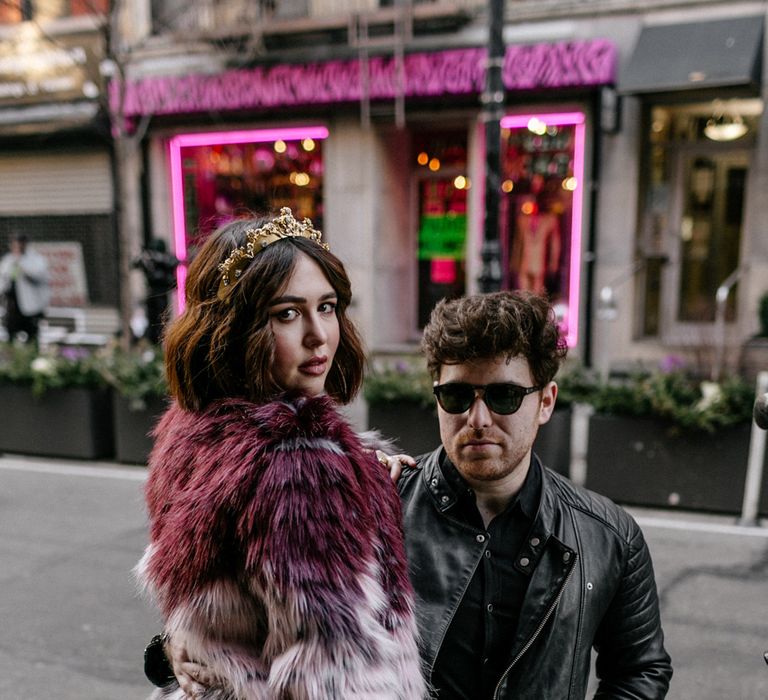 Bride & groom sat on motorbike in New York elopement shoot