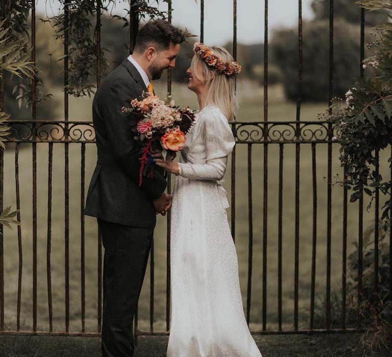 Beautiful Hellens Manor wedding with vintage dress and flower crown for bride