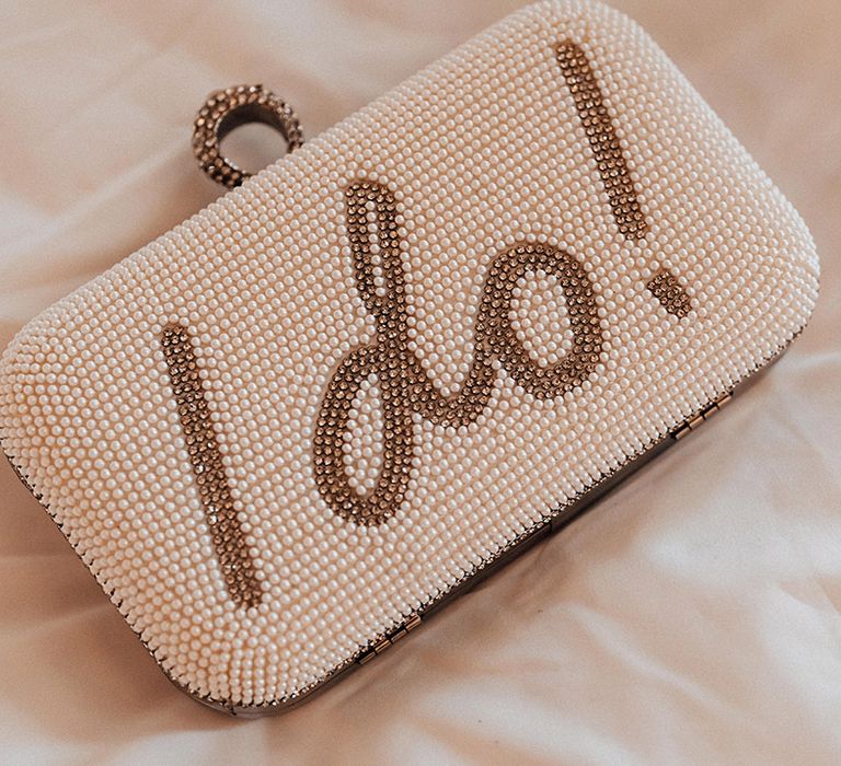 Pearl clutch bag complete with 'I Do!' in gold pearls to the middle 