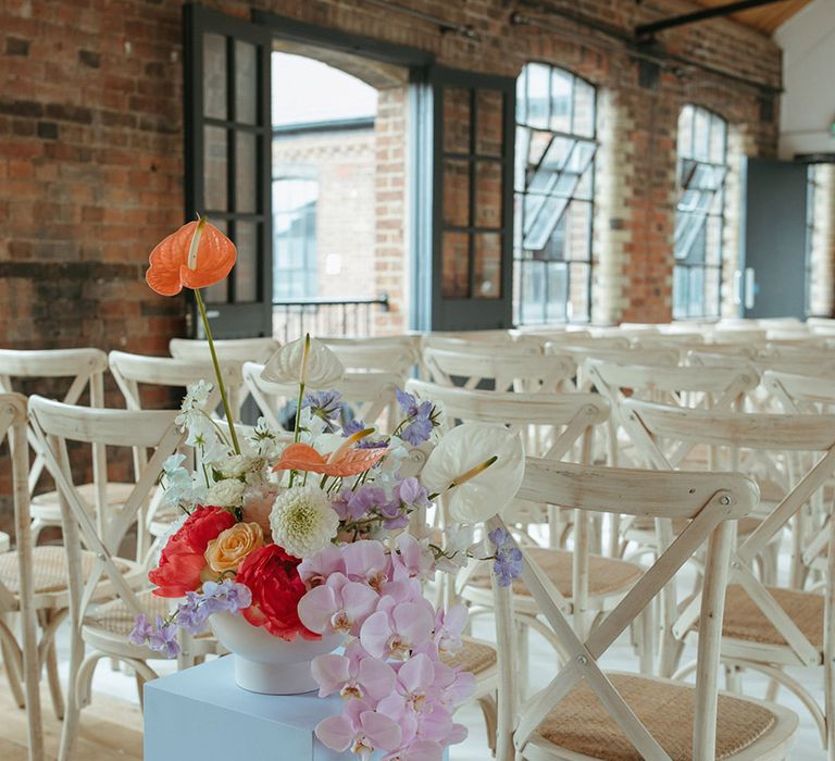 Colourful bright and pastel anthuriums, orchids, roses and dahlias 