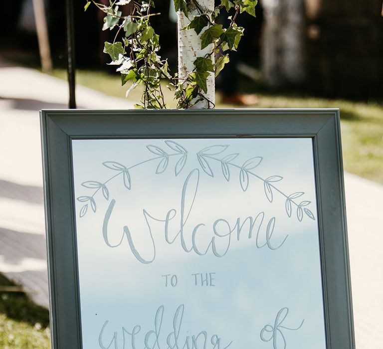 Mirror wedding welcome sign for the tipi wedding 