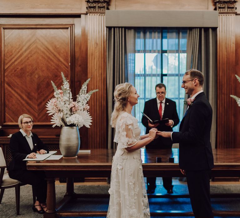 Bride and groom at town hall wedding