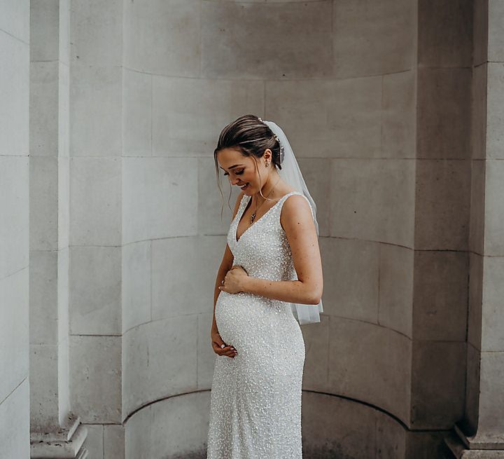 Pregnant bride in sequin wedding dress for registry office wedding 