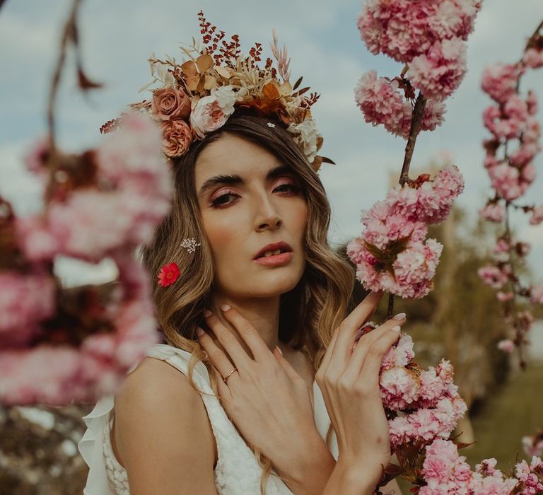 Bride in dried flower crown at boho wedding 