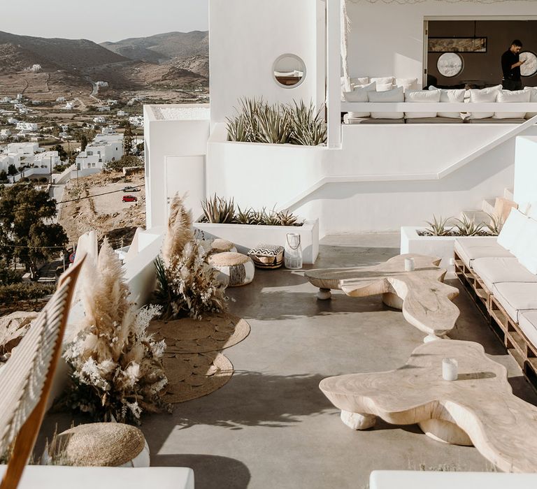 Outdoor Greece elopement wedding complete with pampas grass