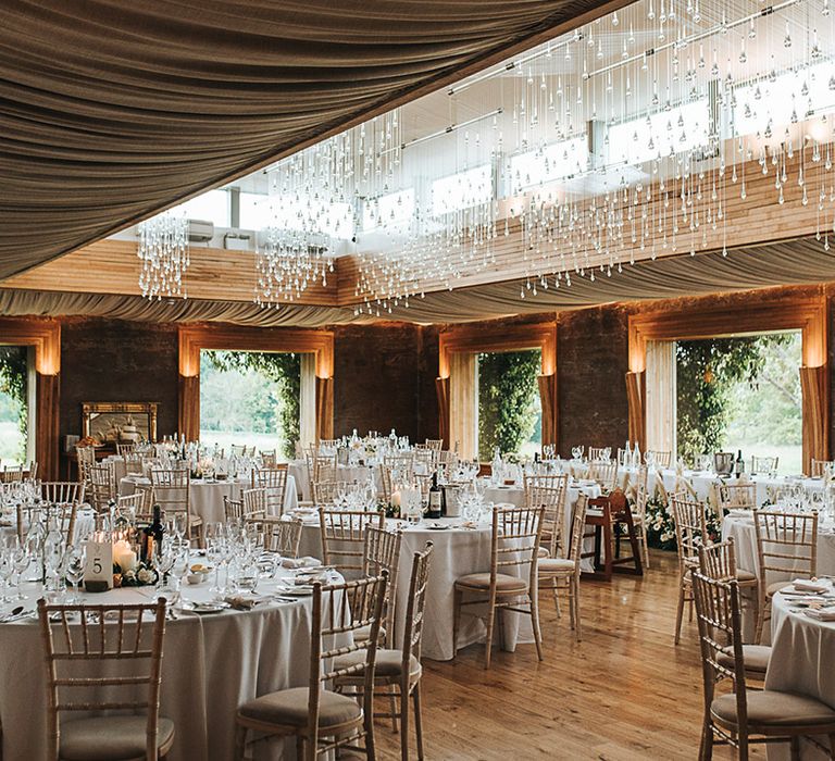 Elmore Court wedding reception room with hanging lights 