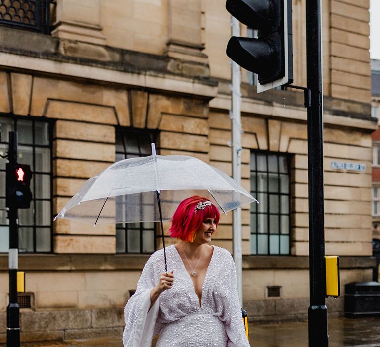 Bride with pink hair and pink shoes worn with bat wing sequin wedding dress from ASOS