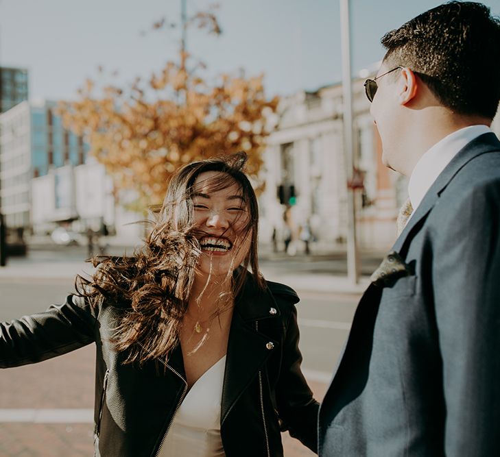 Bride in leather jacket