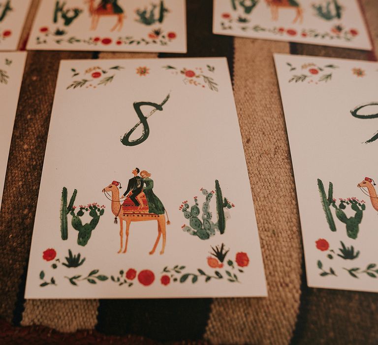 Marrakech wedding invitations with camel illustration