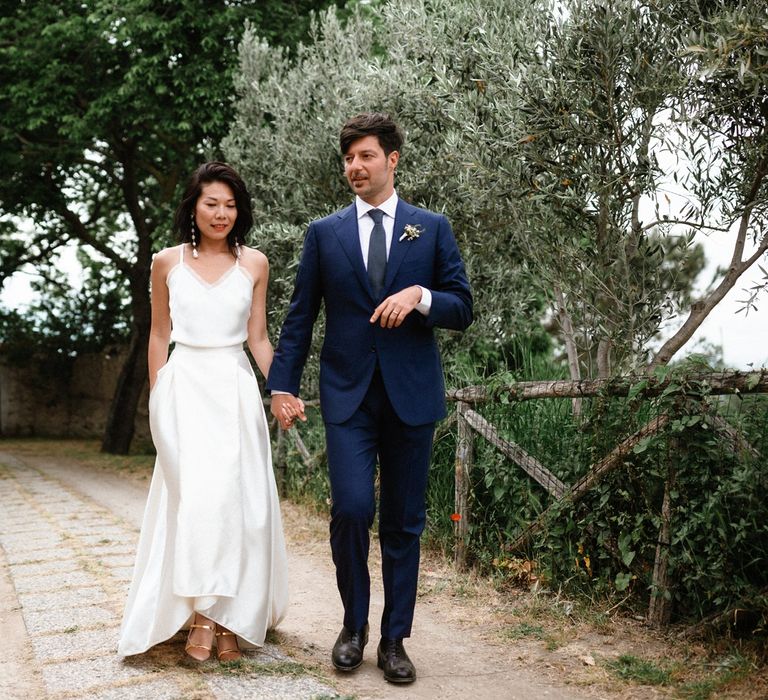 Bride in Halfpenny London separates and groom in Navy suit. 