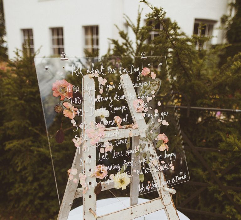 Flower pressed acrylic order of the day wedding sign 