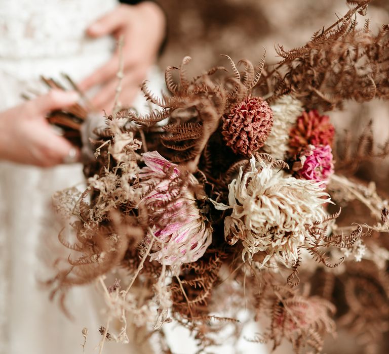 Dried dahlia and grasses wedding bouquet 