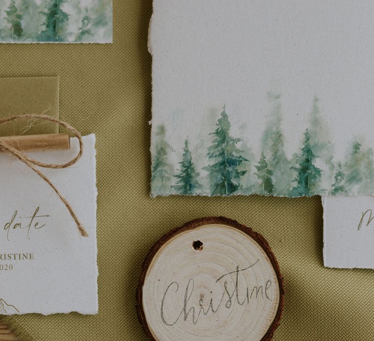 Wedding stationery suite with pine tree design