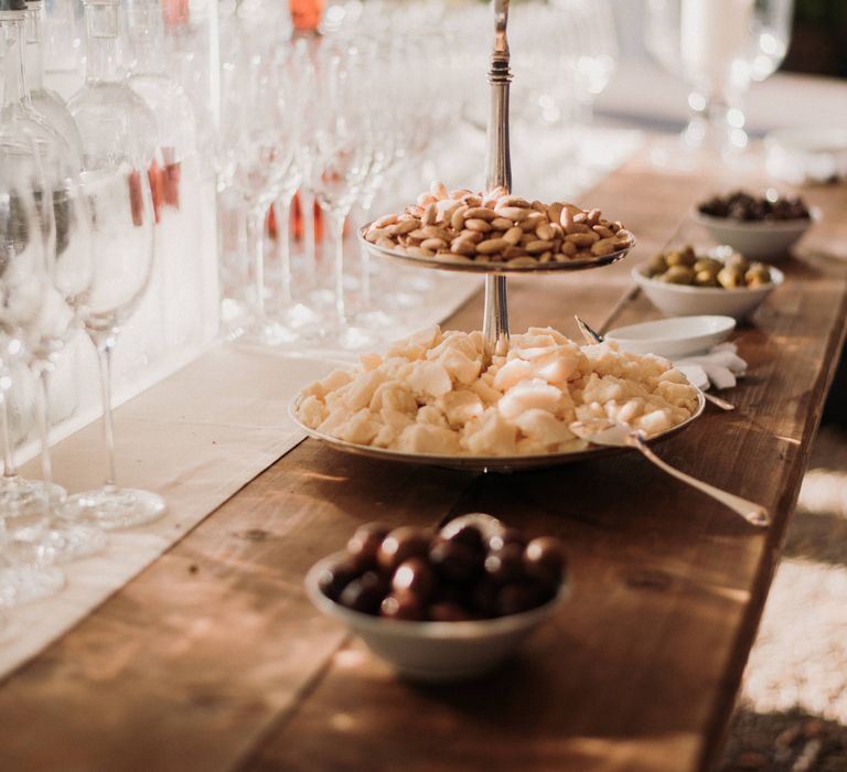 Wedding food for reception on wooden table