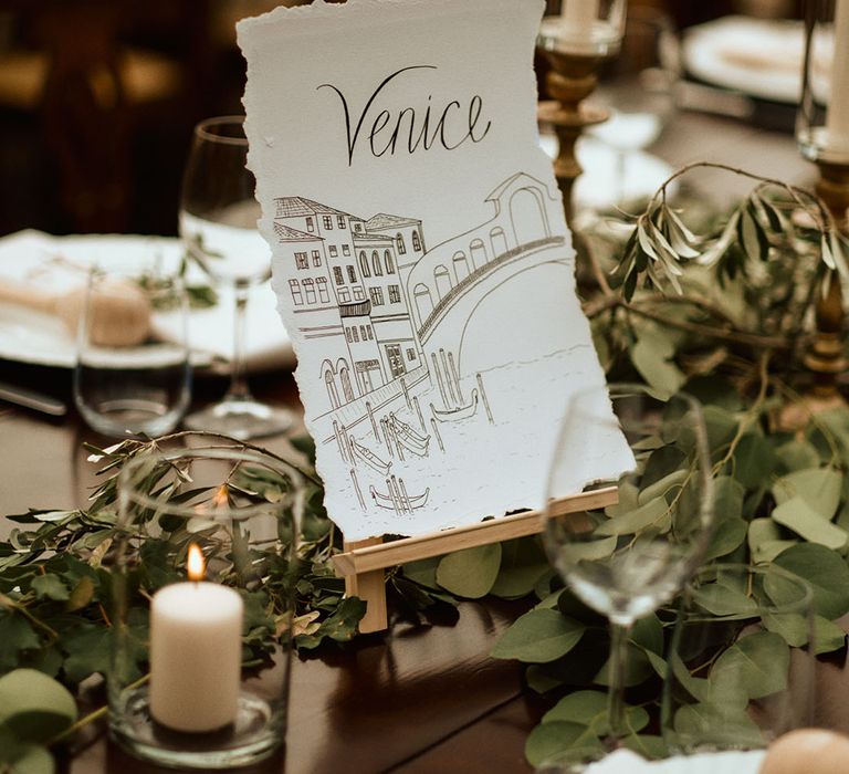 Elegant and minimal wedding table name based on locations in Italy 