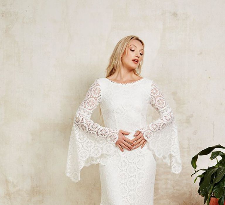 Sustainable wedding dress with bell sleeves and low back from Indiebride London in boho style