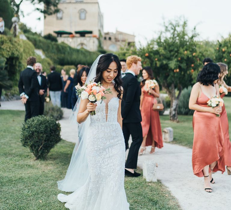 Bride in embellished lace wedding dress at Villa Cimbrone, Ravello, Italy wedding