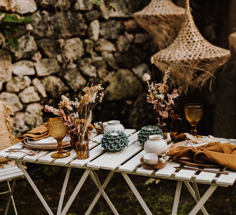 Rustic table setting in outdoor Mallorca wedding