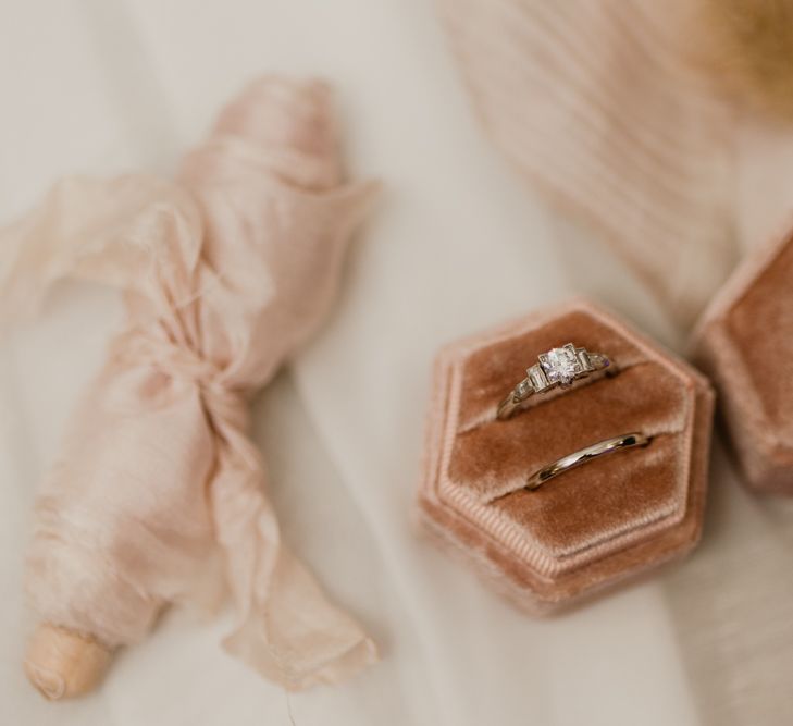 Pink velvet wedding ring and engagement box 