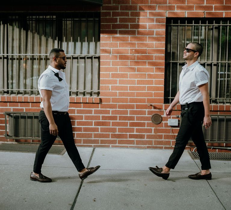 Stylish grooms at intimate rooftop elopement in New York