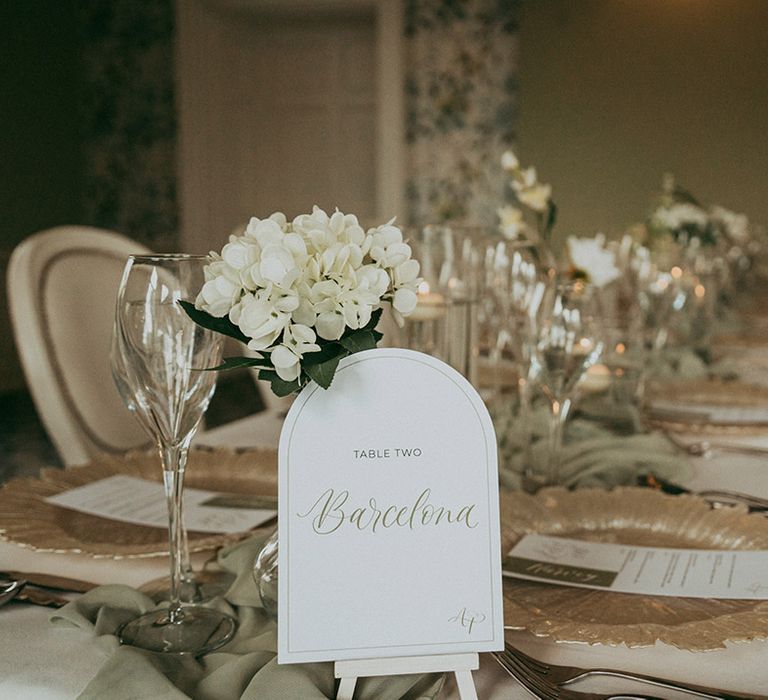 White, gold and sage green wedding table setting with faux wedding flowers including hydrangeas for classic wedding 