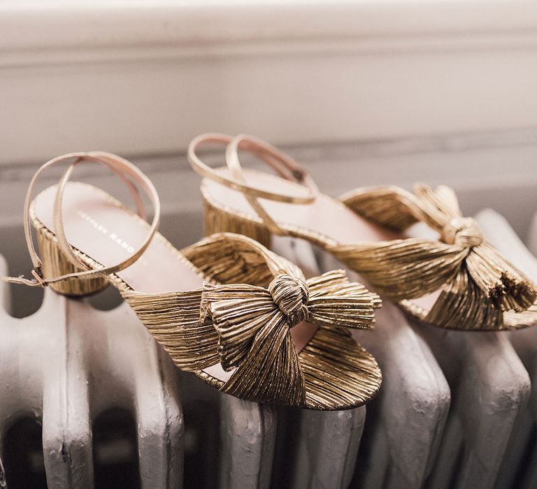 Short block heel gold Loeffler Randall wedding shoes for the bride with bow detail 