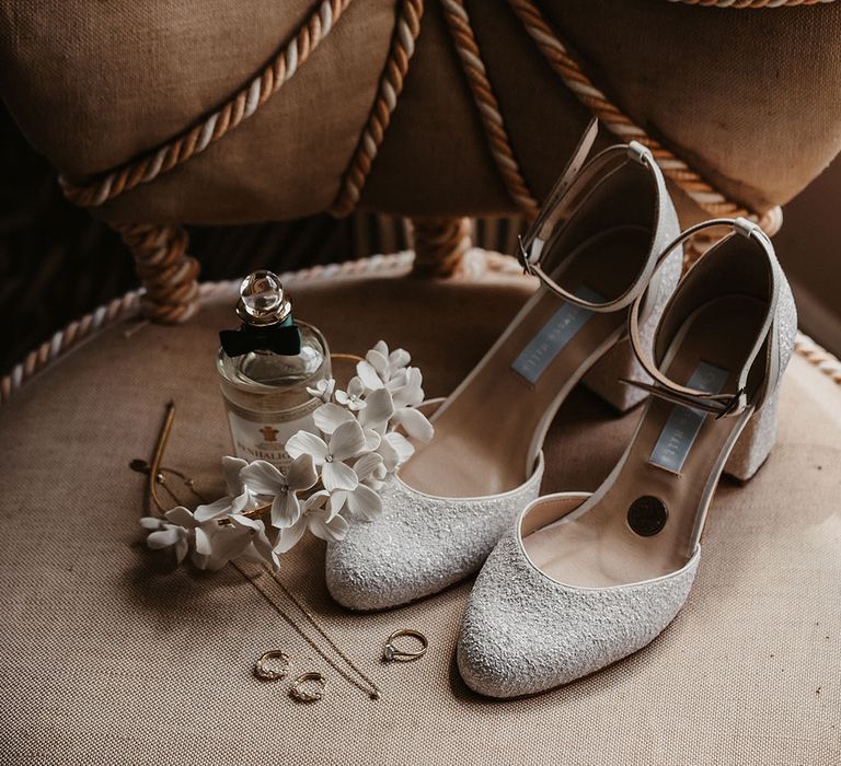 Sparkly Charlotte Mills wedding shoes and bridal accessories with perfume by Penhaligon's 