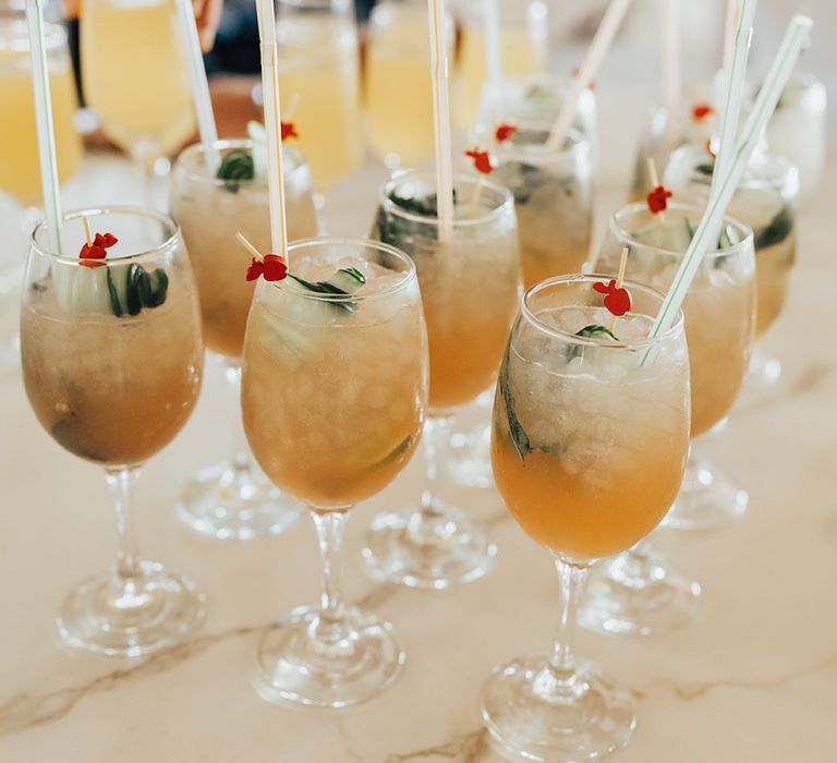 Glasses of wedding cocktails for the guests 