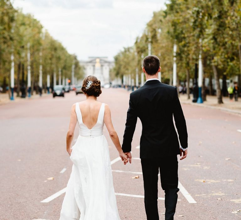 Bride and groom portrait on The Mall in London 