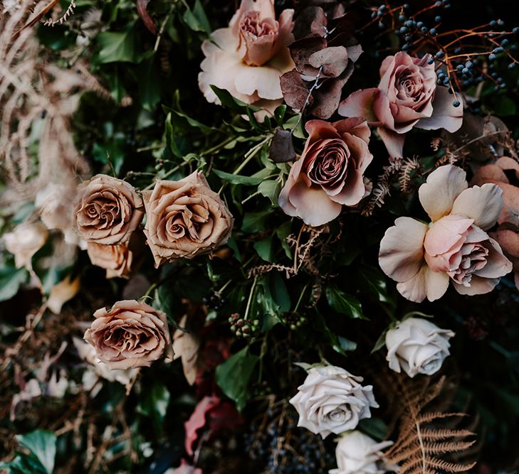 Close up of Christmas church wedding flowers