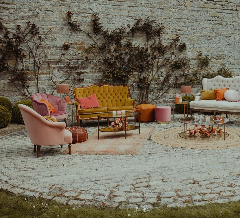 Retro seating area at Almonry Barn Somerset wedding venue