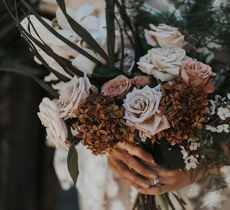 Muted rose and foliage wedding bouquet 