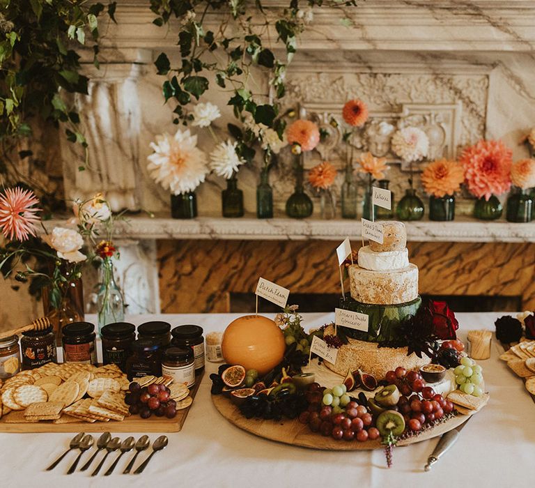 Grazing table complete with cheese tower for wedding breakfast