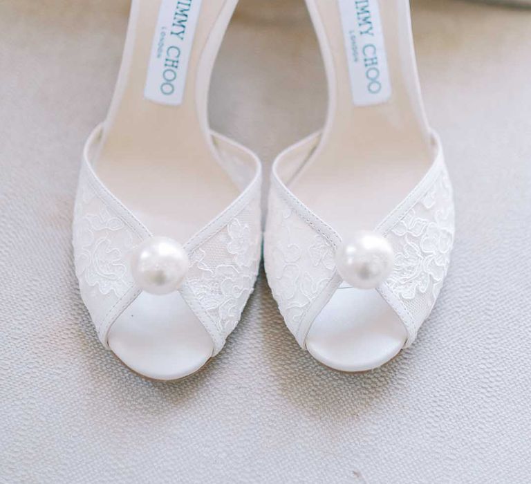 Jimmy Choo peep toe wedding shoes with lace and pearl detail 