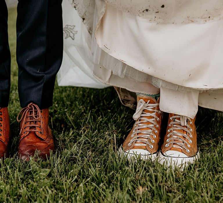 brown brogues and yellow converse trainer wedding shoes 