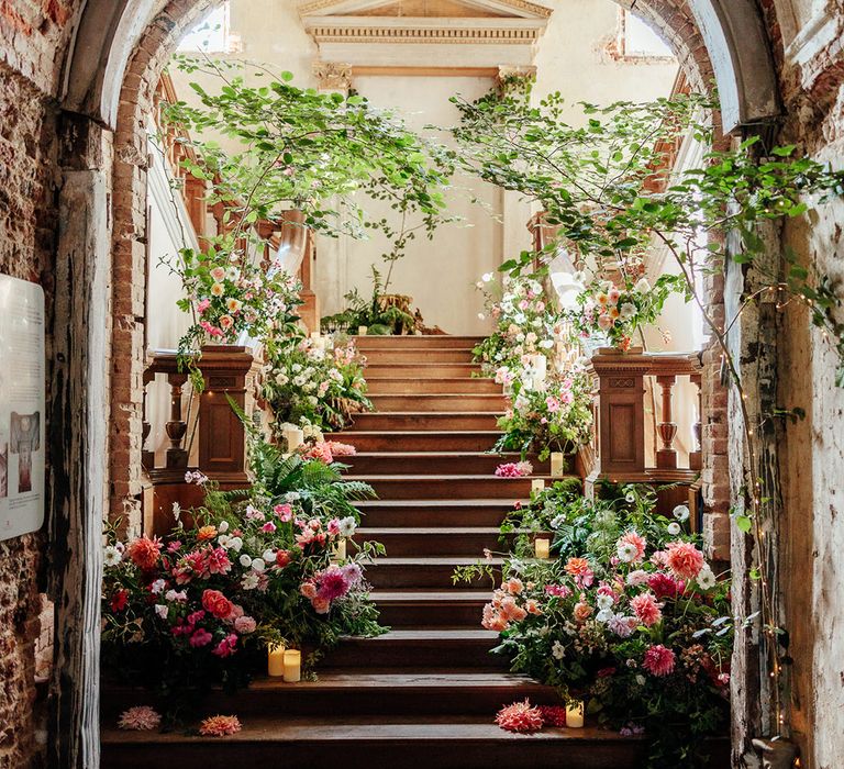 Luxury pink wedding flowers at The Grange, Hampshire wedding 