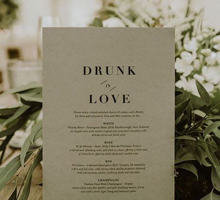 Image of "Drunk in love" wedding drinks menu with personalised cocktails by Ochi Weddings Photography