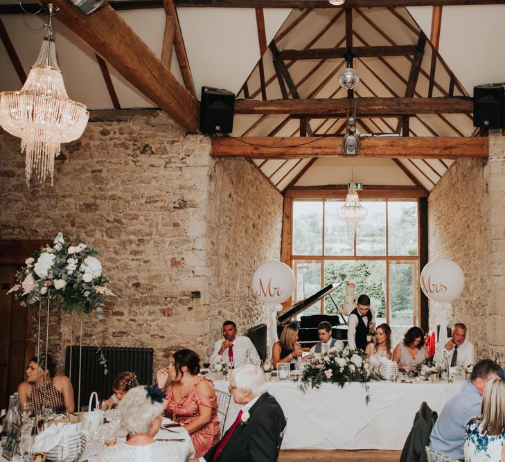 Notley Abbey wedding reception decor with Giant Mr & Mrs balloons 