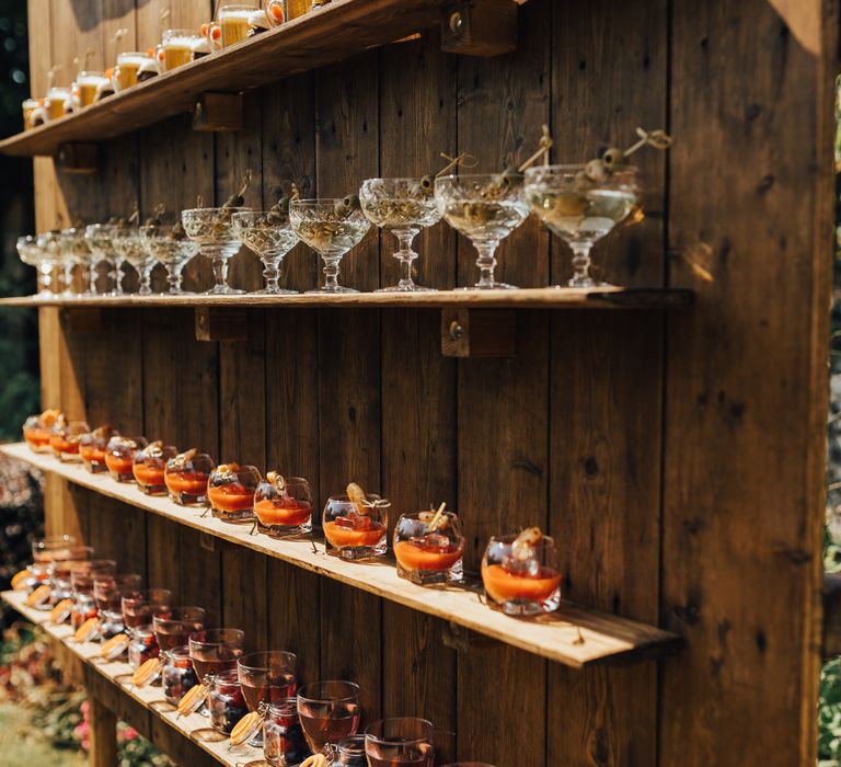 Rustic wooden shaved bar with drinks