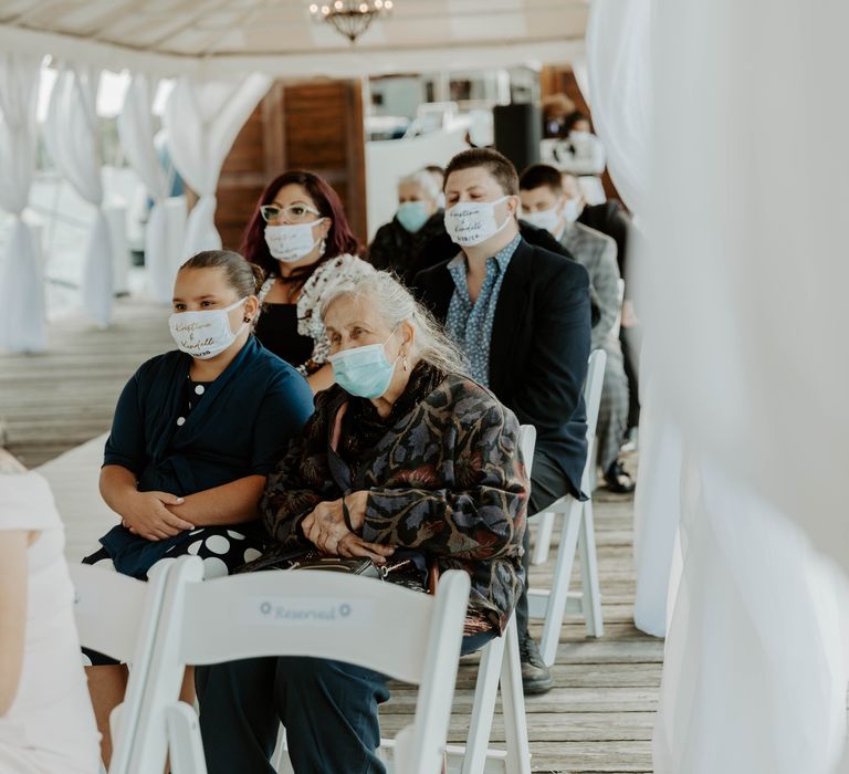 Personalised face masks for intimate covid secure wedding ceremony on a marina 