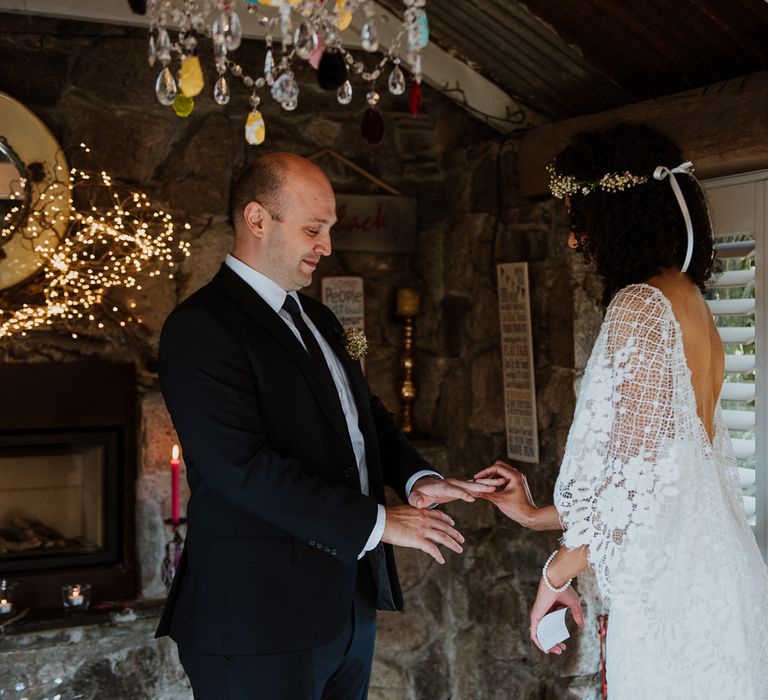 Bride & groom during elopement wedding in Cornwall 