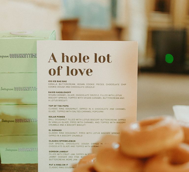 Menu of different doughnut wedding favours from Doughnut Time